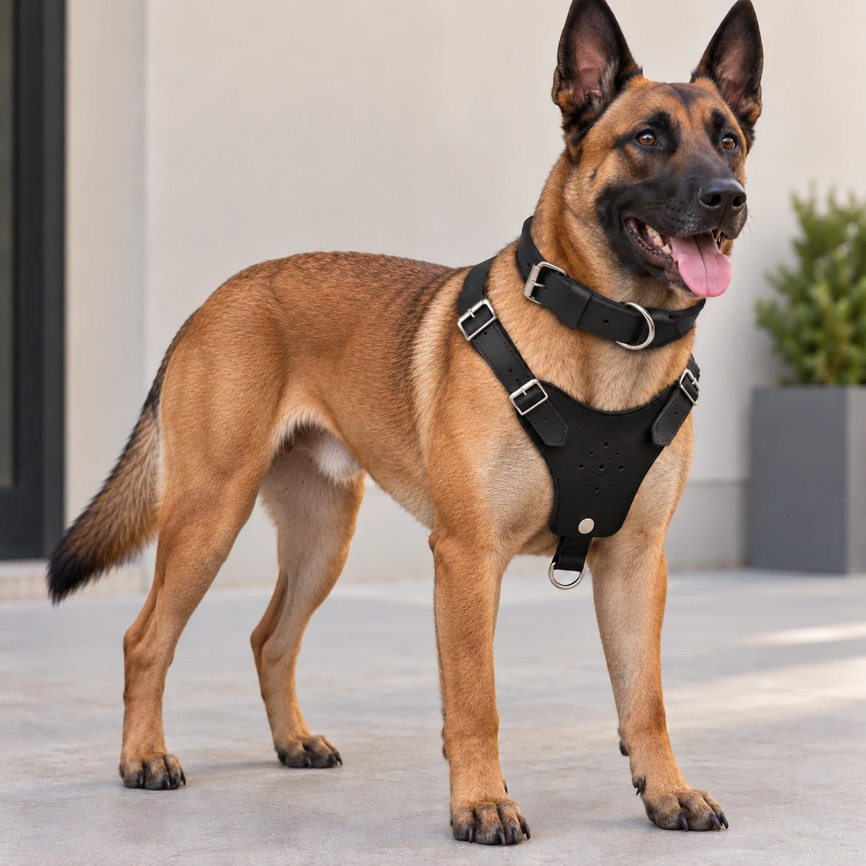 Black Leather Adjustable Y-Front Dog Harness