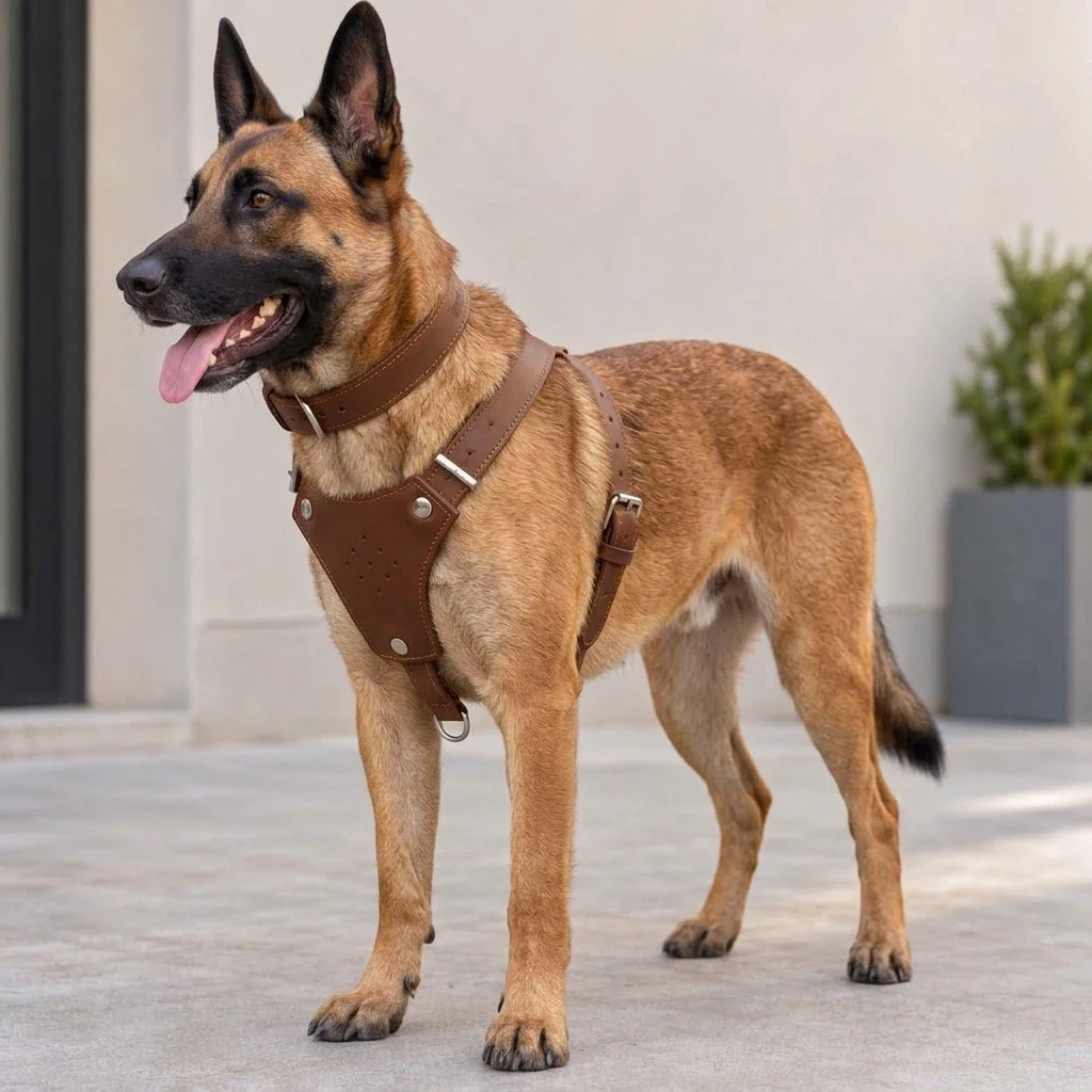 Brown Leather Y-Front Dog Harness with Matching Collar
