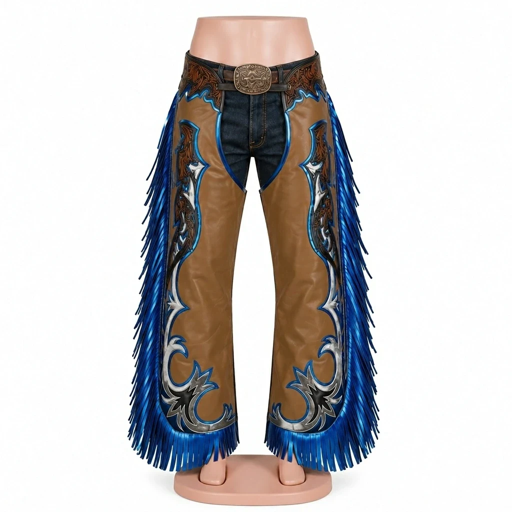Tooling Leather Chaps – Tooled Western Leather Chaps, Blue Fringe Tan Rodeo Wear — wholesale product for e-commerce sellers